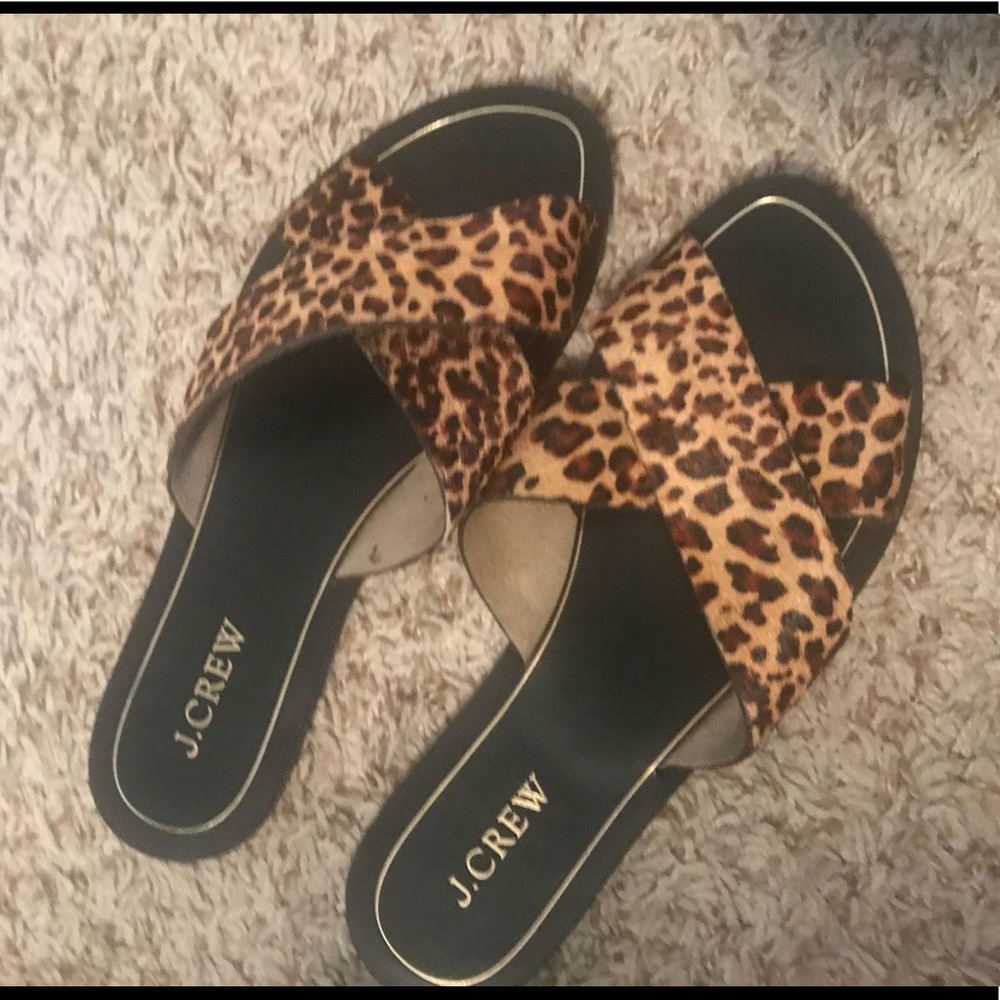 J Crew St Tropez Leopard Print Calf Hair Sandals